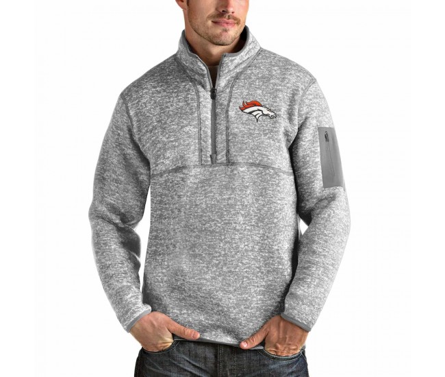Denver Broncos Men's Antigua Heather Gray Team Logo Fortune Quarter-Zip Pullover Jacket