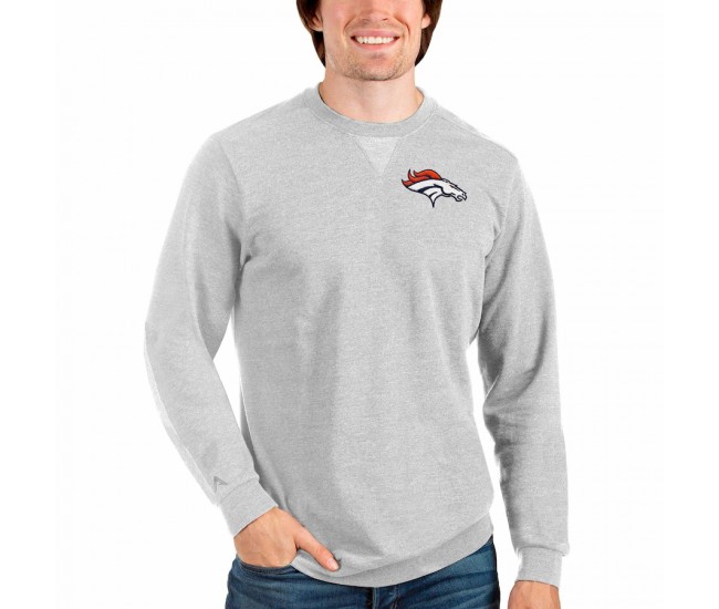 Denver Broncos Men's Antigua Heathered Gray Reward Crewneck Pullover Sweatshirt