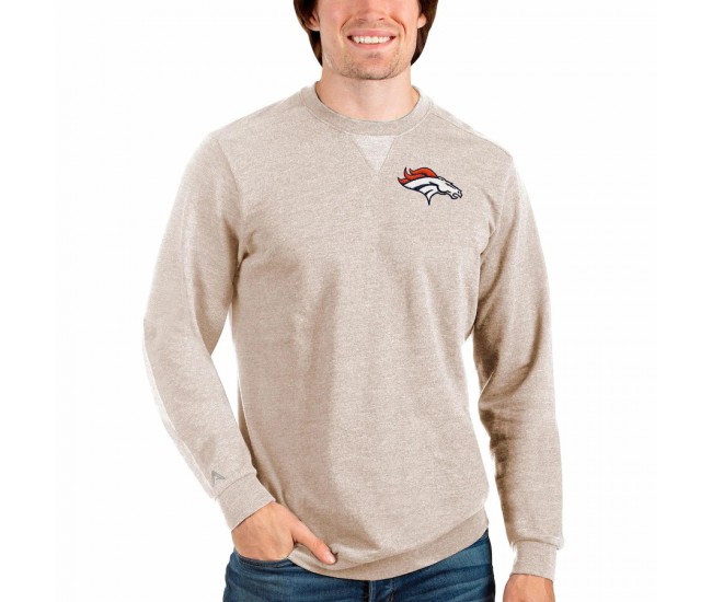 Denver Broncos Men's Antigua Oatmeal Reward Crewneck Pullover Sweatshirt