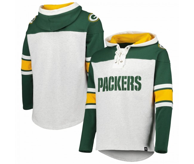 Green Bay Packers Men's '47 Heather Gray Gridiron Lace-Up Pullover Hoodie