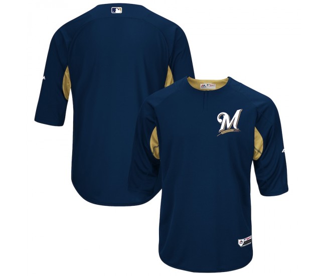 Milwaukee Brewers Men's Majestic Navy/Gold Authentic Collection On-Field 3/4-Sleeve Batting Practice Jersey