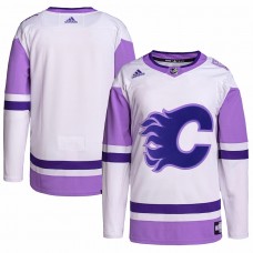 Calgary Flames Men's adidas White/Purple Hockey Fights Cancer Primegreen Authentic Blank Practice Jersey