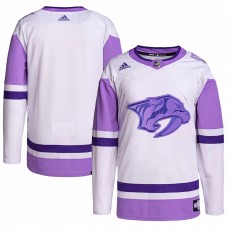 Nashville Predators Men's adidas White/Purple Hockey Fights Cancer Primegreen Authentic Blank Practice Jersey