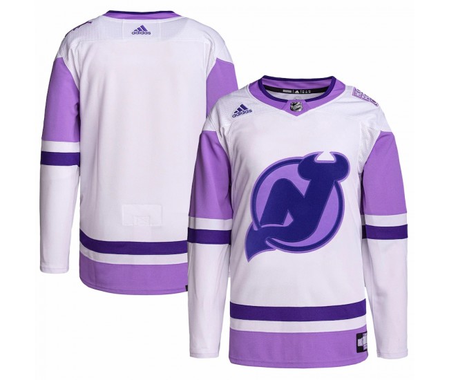 New Jersey Devils Men's adidas White/Purple Hockey Fights Cancer Primegreen Authentic Blank Practice Jersey