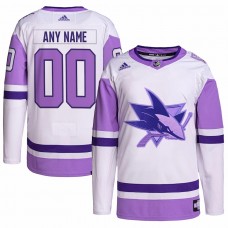 San Jose Sharks Men's adidas White/Purple Hockey Fights Cancer Primegreen Authentic Custom Jersey